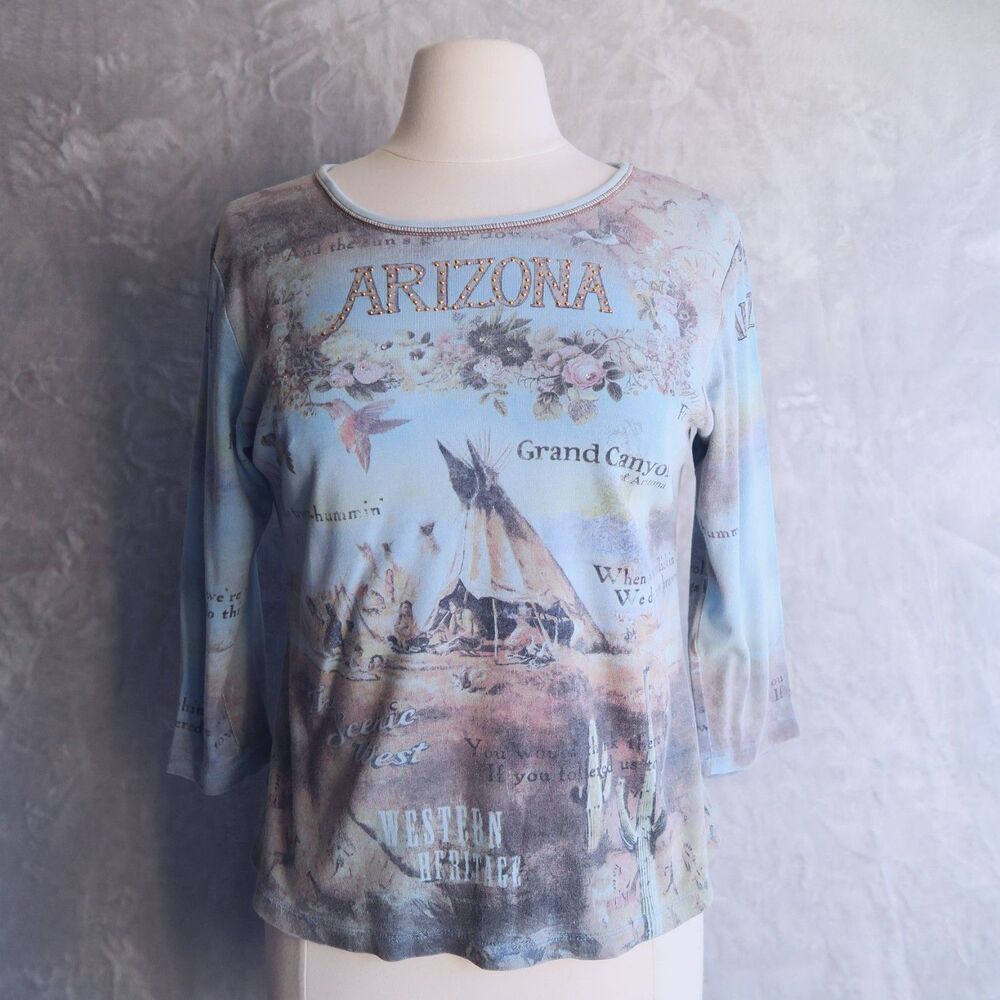 CACTUS Y2K Arizona Print Shirt Size M Cotton Rhinestones Graphic Western Grunge